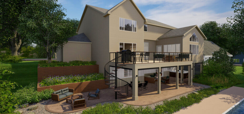 3D rendering of an elevated deck with black railing, spiral staircase, and covered patio beneath.