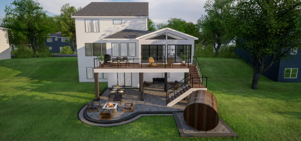3D rendering of an elevated deck and enclosed porch with stairs, lower patio, fire pit seating, and barrel sauna.