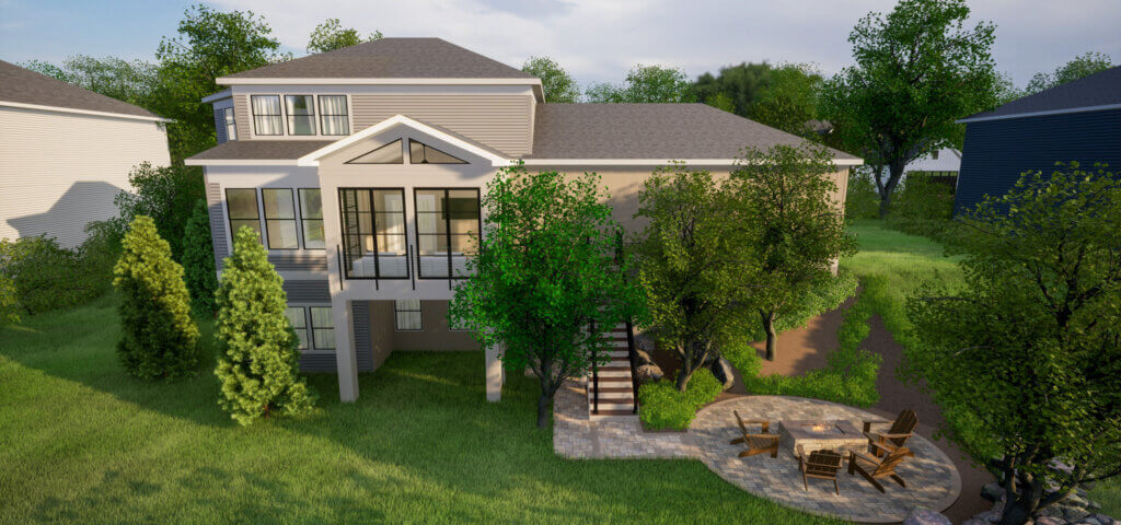3D rendering of an elevated three-season porch addition with stairs and patio.