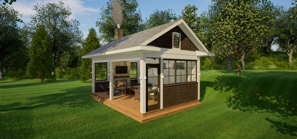 3D rendering of a detached three-season porch with screened walls, fireplace, and outdoor seating.