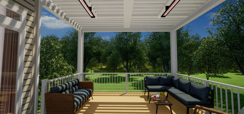 3D rendering of a covered deck with a white louvered roof and outdoor seating.