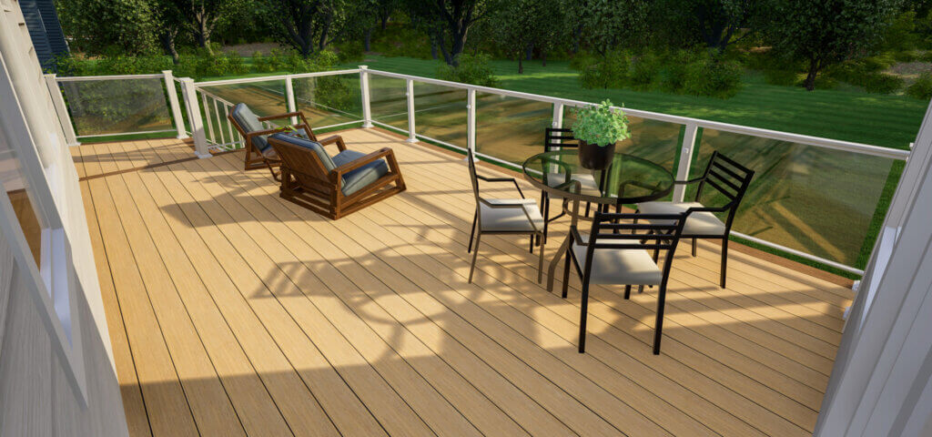 3D rendering of a composite deck with glass railing and outdoor seating.