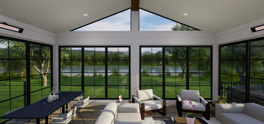 3D rendering of a three-season porch with large windows overlooking a pond.