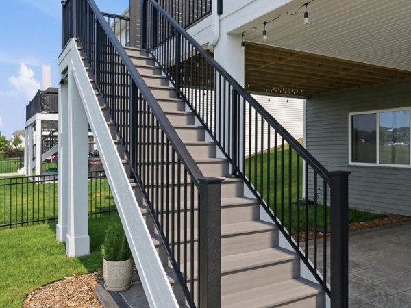 TimberTech deck stairs with black aluminum railing at the Pondview Porch in Rogers, MN